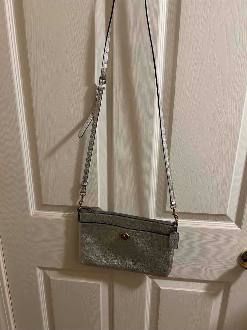Coach Silver Polly Pebbled Leather Crossbody Bag with Turn-Lock Accent